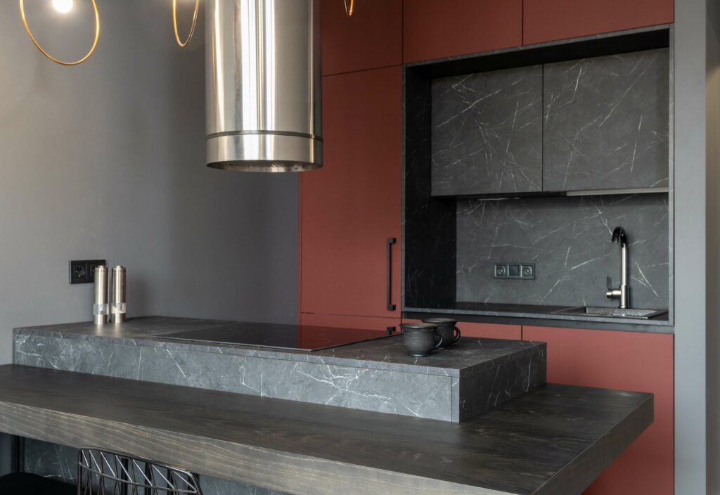 grey and maroon kitchen style