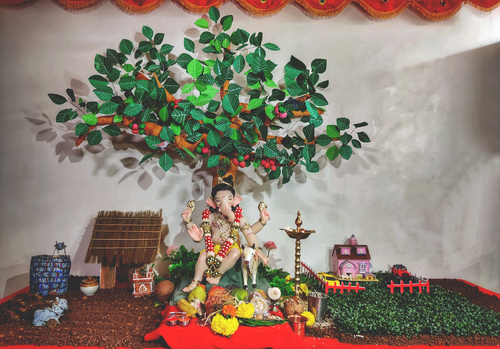 ganesh decoration with flowers & plants