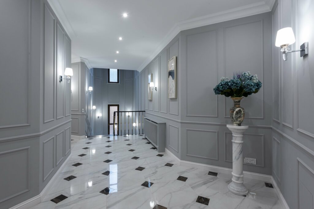 white and black patterned flooring