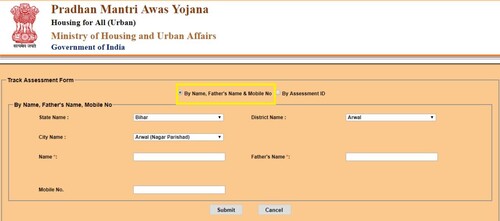 Webpage to Check PMAY Status Online through Full Name and other details
